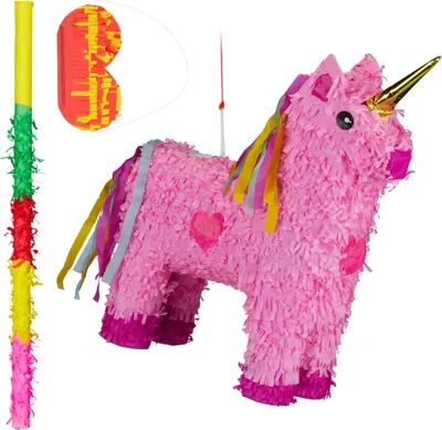 Produktbild von 3 tlg. Pinata Set Einhorn, mit Pinata Stab und Maske, Mädchen, Geburtstag, Unicorn Piñata zum selbst Befüllen, rosa-pink
