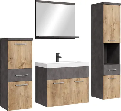 Produktbild von Badplaats Badmöbel Komplettset Alba 60 x 35 cm Dunkel Grau mit Kastanie Eiche - Badezimmermöbel mit Waschbecken, Spiegel und Badezimmerschrank
