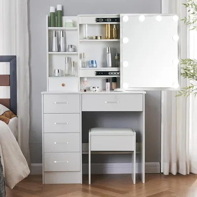 Obrázek produktu pro Toaletní stolek LED osvětlení Zrcadlo Stolička Make-up Bílá 36x80x131 cm