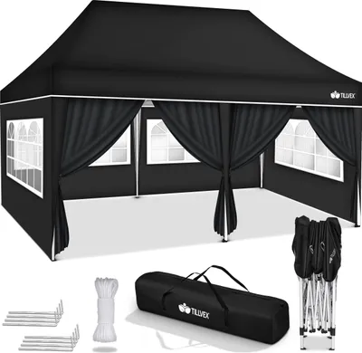 A black pop-up canopy tent with side walls and windows, along with its accessories, laid out on a white background.