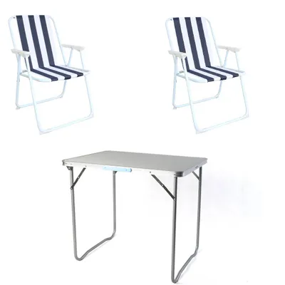 Produktbild von Campingset klappbar 3tlg Campingstuhl Gartenstuhl Dunkelblau-gestreift