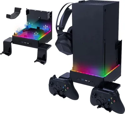 Produktbild von Xbox Series X Wandhalterung mit Lüfter, RGB, USB und Controller-Haken