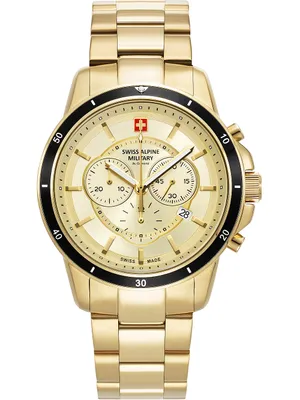 A close-up studio shot of a gold-colored men's wristwatch.