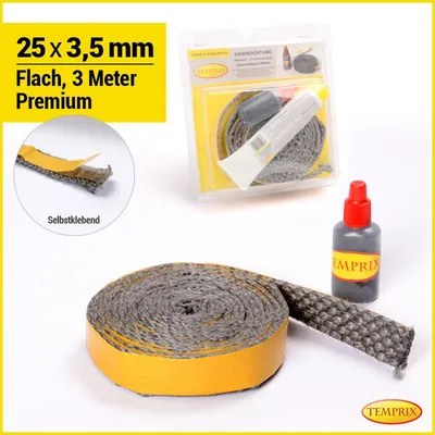 Produktbild von Temprix Kamindichtung & Ofendichtung 25 x 3,5 mm Prmium - 3 Meter inkl. Kleber | feuerfeste Ofenschnur, Kaminschnur & Dichtband bis 650°C temperaturbeständig | Dichtung für Kamin, Ofen & Grill