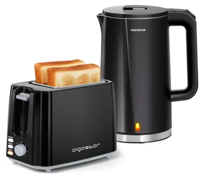 Produktbild von Aigostar - Frühstücks-Set Doppelwandiger Wasserkocher aus Edelstahl 1,7L/ 2-Scheiben Toaster