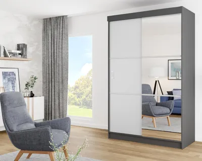 Produktbild von KIER FURNITURE Kleiderschrank mit Schiebetüren BILL 3, Schlafzimmer Schrank, Garderobeschrank, Flurschrank Anthrazit&Weiß 138x205x59 cm