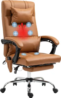 Image de Vinsetto Fauteuil de massage de bureau, chaise d'ordinateur chauffante, repose-pieds, télécommande, coussin appui-tête amovible et oreiller lombaire, poche de rangement, housse synthétique, marron