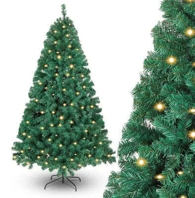 Image de Arbre de Noël Ikodm, 210 cm de haut, avec éclairage LED, 400 LED blanc chaud, 1200 décorations, sapin artificiel avec base en métal