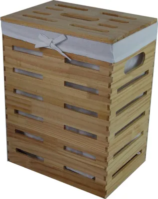Produktbild von Wäschekorb Wäschetonnen Wäschetruhe Holz Echtholz Kiefer  beige 40L mit Bezug Handgriff Deckel 35x25 H.46