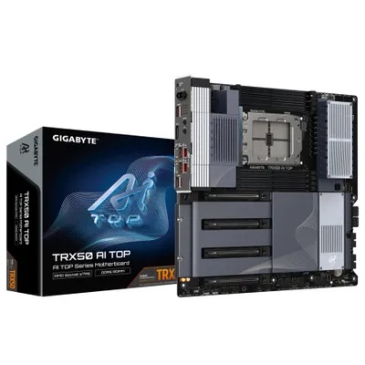 Produktbild von GIGABYTE TRX50 AI TOP Motherboard - Unterstützt AMD Ryzen PRO 7000 CPUs, 16+8+4 Phasen Digital VRM, bis zu 5200MHz DDR5 (OC), 4xPCIe 5.0 + 4xPCIe 4.0 M.2, Wi-Fi 7, 10GbE LAN, USB 3.2 Gen 2x2, AMD, Socket sTR5, AMD Ryzen Threadripper 7000 Series, AMD Ryzen Threadripper PRO 7000 WX-Series, sTRX5, 2 TB, DDR5-SDRAM