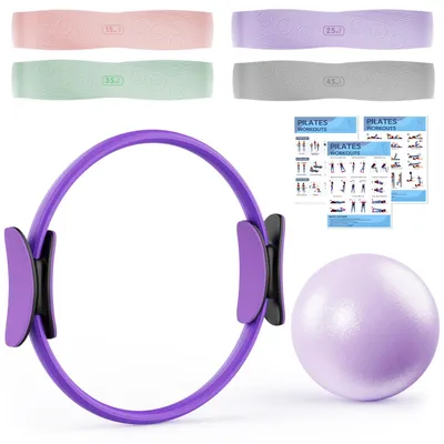 Imagen del producto de Kit de Pilates con aro, 4 bandas de resistencia, pelota pequeña, para entrenamiento en casa