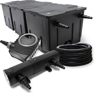 Immagine prodotto di Set completo Wiltec: filtro per laghetti CBF-350C fino a 90000 L come filtro a flusso continuo, pompa per laghetti NEO10000 SuperECO 10000l/h 80W, chiarificatore per laghetti CUV-236 con chiarificatore UVC 36W, tubo per laghetti da 25 m 25 mm