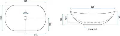Technical drawings of a sink with dimensions.