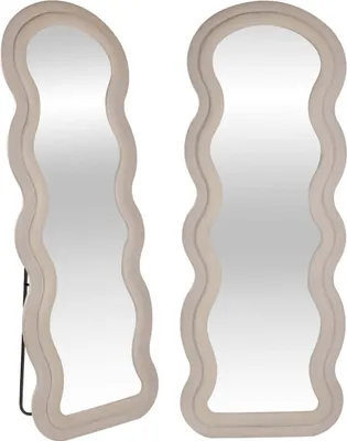 Produktbild von SensaHome Zvlnené čalúnené stojace zrkadlo - Celoplošné zrkadlo zo semišového zamatu - 60 x 160 - Biela krémová