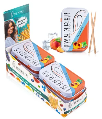 Produktbild von Wunder Zahnstocher Display 6er Pack Pfirsich/Ice Metalldose: Erfrischender Atem für den täglichen Genuss - Lifestyle