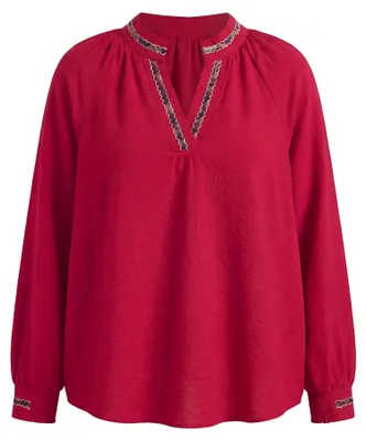 Produktbild von Damen Bluse rot XL mit V-Ausschnitt und langen Bischofsärmeln