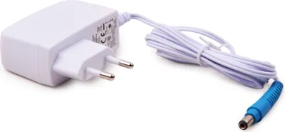 A white power adapter with a white cable and a blue connector.