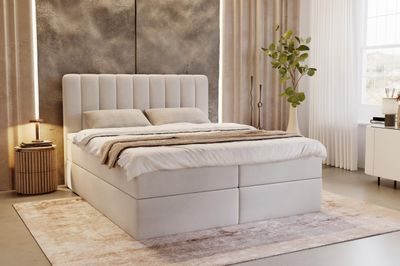 MYSEN Boxspringbett 160x200 Magic mit Bettkästen mit Matratze (14 cm) mit Topper (4 cm) Komplett-Set Polsterbett Bonell H3 Creme