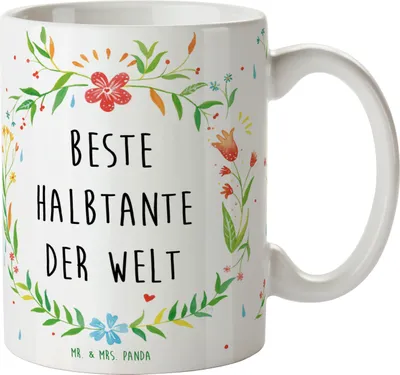 Produktbild von Mr. & Mrs. Panda Keramiktasse Halbtante - Geschenk, kaffeebecher bedruckt, Familie, Kaffeetasse, Becher, Tasse, Tante, haferl, beste