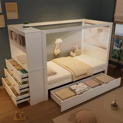 Image de MODFU Lit Simple 90x200 cm - Lit Enfant avec Rangement, 5 Tiroirs et Étagères, MDF et Bois Blanc - Sans Matelas