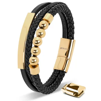 Produktbild von SERASAR | Premium-Lederarmband für Herren [Pearl] mit Gold Stainless Steel | Farbe: Gold | Länge: 20cm