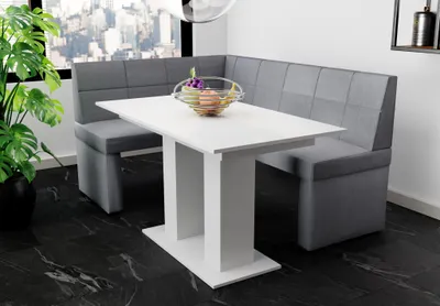 Produktbild von Eckbankgruppe 168x128 cm BLAKE R Stoff Soro Grau / Esstisch DANTE Weiß