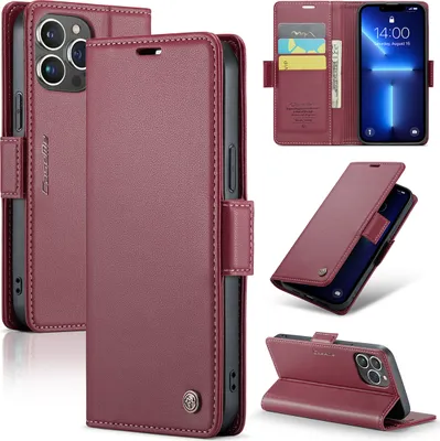 Produktbild von iPhone 13 Pro Hülle, Leder Brieftasche Kartenfach Schutzhülle mit Standfunktion für iPhone 13 Pro Rot