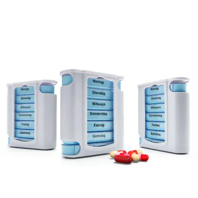Produktbild von BigDean 3 Stück Tablettenbox 7 Tage Morgens, Mittags, Abends & Nachts in Weiß – Medikamentenbox BPA-frei & Lebensmittelecht – luftdichte Pillendose