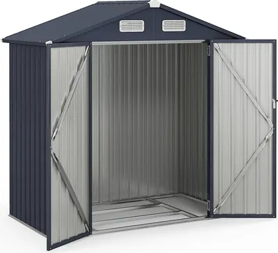 An empty, dark gray metal shed with its double doors open, revealing the silver interior.