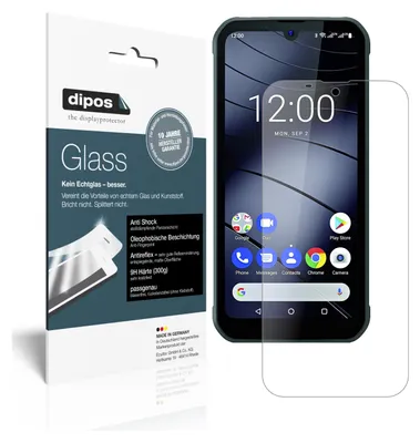 A product package for a screen protector is shown next to a smartphone with the screen protector applied.