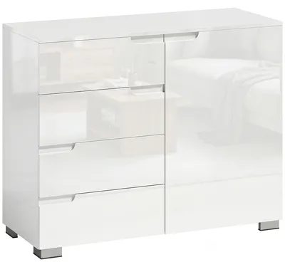 Zdjęcie produktu dla Komoda z 4 szufladami i 1 drzwiczkami – komoda z wysokim połyskiem | Kolor: biały | Wymiary: 100x40x80 cm