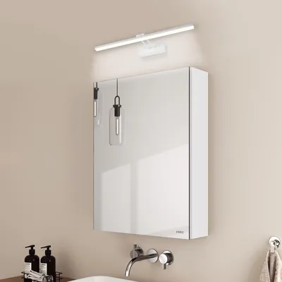 Image de EMKE Armoire de toilette et lampes de toilette,50x65x14.5cm 2 étagères en verre blanc Armoire de toilette et lampes murales blanches Lumière blanche froide 6500k