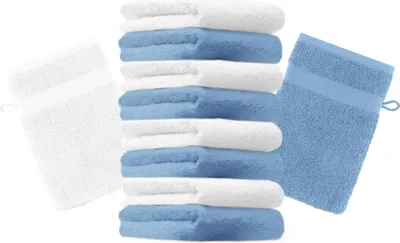 Produktbild von Betz 10 Stück Waschhandschuhe 16x21 cm PREMIUM 100% Baumwolle  Farbe: hellblau und weiß