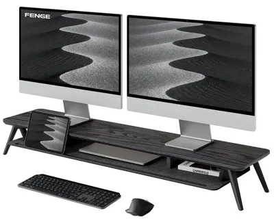 Zdjęcie produktu dla Stojak na monitor, 108 cm, wykonany z litego drewna dębowego, kolor czarny, przeznaczony do laptopów, komputerów PC i telewizorów