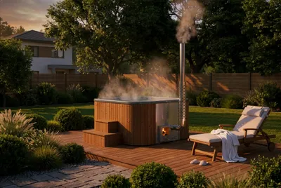 Produktbild von FinnTherm Badefass ScandiTub Premium aus Thermoholz Ø205cm Grau inkl. Ofen