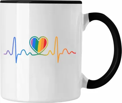 Produktbild von Trendation - LGBT Tasse Geschenk für Schwule Lesben Transgender Regenbogen Herzschlag Lustige Grafik Regenbogen (Schwarz)