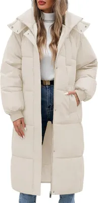 Image de ASKSA Femme Manteau d'hiver long Manteau d'hiver matelassé Doudoune chaude Manteau avec capuche (Beige,L)