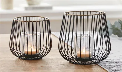 Produktbild von 2x Windlicht "Modern" aus Metall schwarz, 11 & 13 cm hoch, Teelichthalter, Teelichtgläser, Glaswindlicht