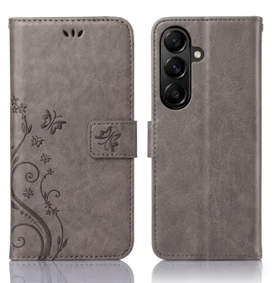 Produktbild von Handy Tasche für Samsung Galaxy S26 Schutz Hülle Handyhülle mit Blumenmuster Klapp Hülle mit Standfunktion und Kartenfächer Farbe: Grau