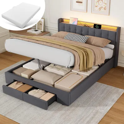 Produktbild von STILVORA  Polsterbett160x200 cm mit Matratze Jugendbett Mit USB-Anschluss & LED-Lichtband –Bettgestell mit Schubladen und Steckdosen, Grau