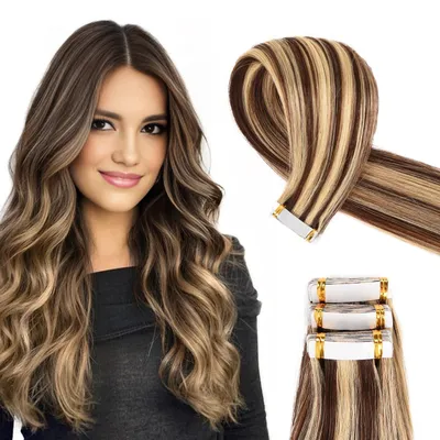 Immagine prodotto di Omgoods - Extension per capelli a nastro, capelli veri, 55 cm, mix di marrone medio e marrone chiaro