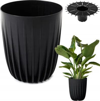 A black planter with a decorative ribbed texture is shown next to a smaller planter containing a plant. A black drainage insert is also visible.