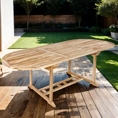 Produktbild von Gartentisch Aruba, Teakholz massiv, Ausziehtisch 180-240 x 100 cm, mit Schirmloch & Einlegeplatte, Holztisch für Garten, Wintergarten oder Terrasse, pflegeleichtes Unikat aus Massivholz