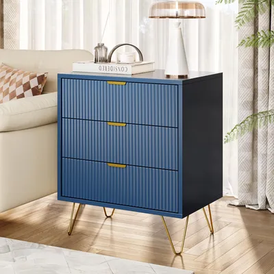 Produktbild von Kommode mit goldfarbenen Metallbeinen und -griffen, robust und langlebig, mit 3 Schubladen, blau