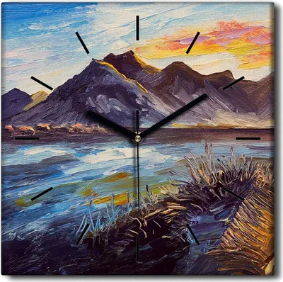 Produktbild von Coloray Uhr auf Leinwand 30x30 cm Wand Uhr Dekoration Wohnzimmer Segeltuch schwarze Hände -Berge Wasserlandschaft.
