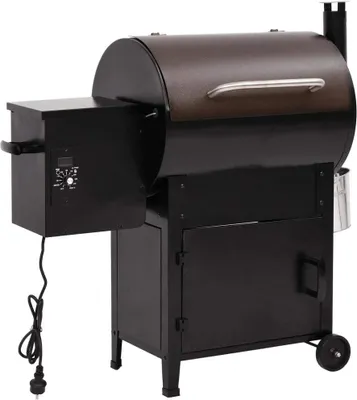A black pellet grill with a brown lid is shown against a white background.