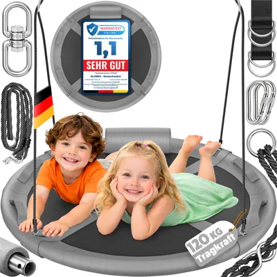 Produktbild von ELONEO Nestschaukel Outdoor & Indoor 90/120 cm Tellerschaukel höhenverstellbar inkl. Kissen, Griffen & Zubehör-Set, Grau - 90cm