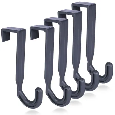A set of five gray over-the-door hooks arranged in a diagonal line against a white background.