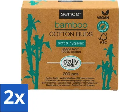 Obrázok produktu pre Sence - Bambus - Vatové tyčinky - Biologicky rozložiteľné a vegánske - 200 vatových tyčiniek - Hodnotné balenie - 2 kusy