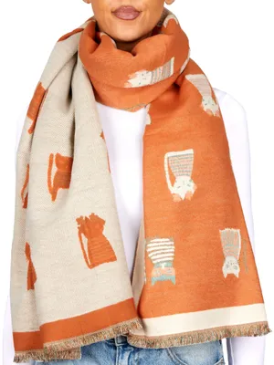 Produktbild von BRUBAKER Cashmirillo Damen Schal mit Katzen Muster - 70 x 200 cm - Warm und Kuschelig - Damenschal für Herbst und Winter, Orange